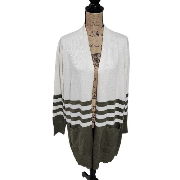 Michael Kors Striped Open Front Longline Cardigan Sweater XL White Olive Green - Picture 1 of 7